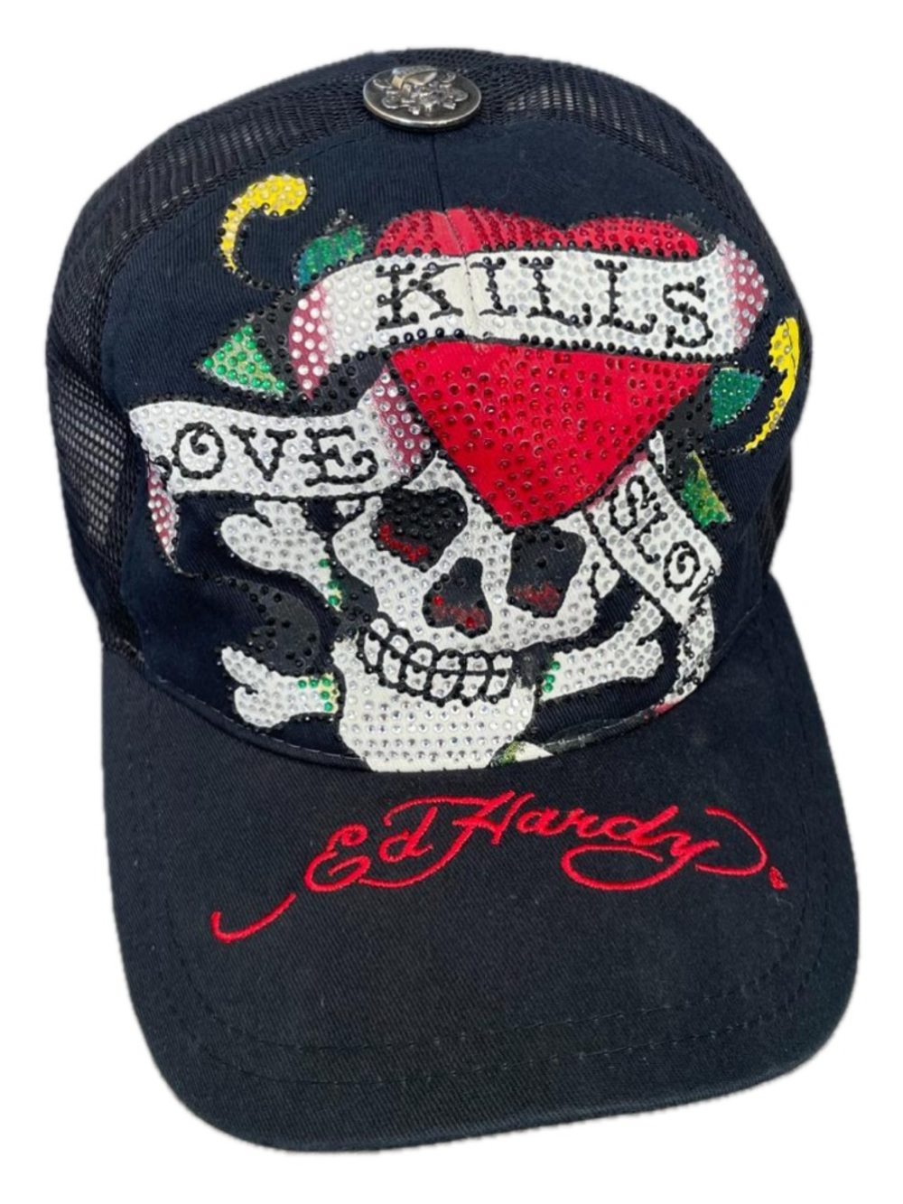 Ed Hardy Black Kids Hat with Red Heart & White Skull Design